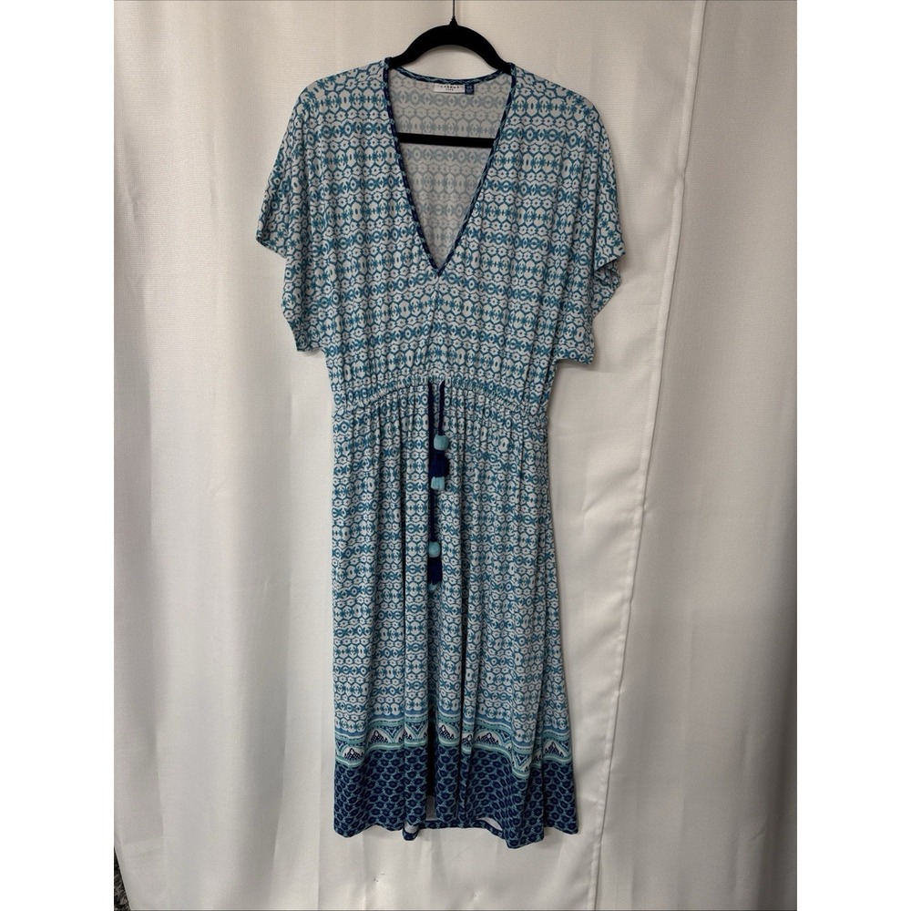 CABANA LIFE Sz S/M Seascape Tie Waist Midi Jersey Dress Boho Swimsuit Coverup